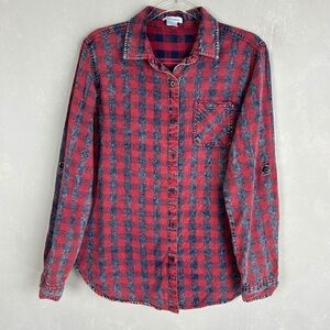 Dizzy Lizzy size XL long sleeve button up shirt red blue plaid cotton acid wash